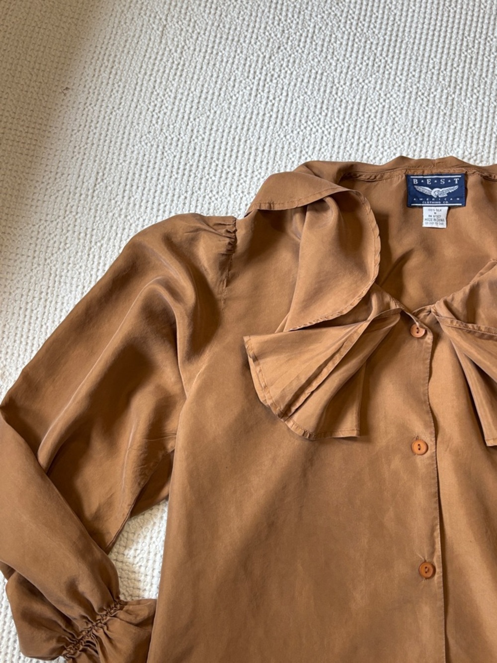 100% Silk Elegant Brown Ruffle Blouse, Best American Clothing Co., EUC, Medium - Picture 14 of 15